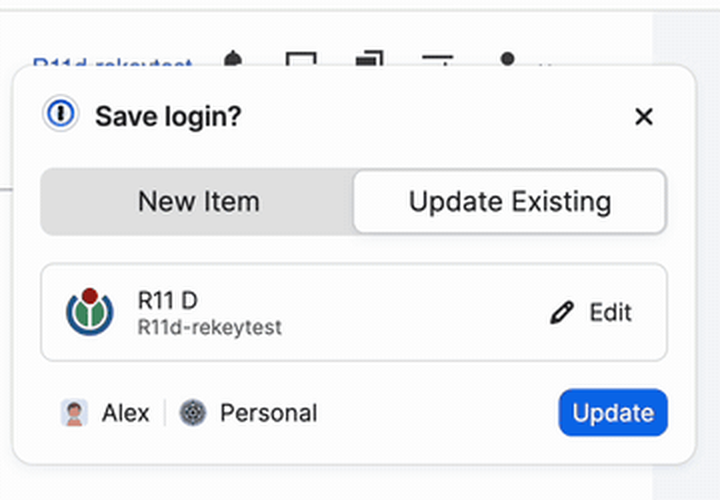 1Password Save login? box with Update Existing selected and an Update button.