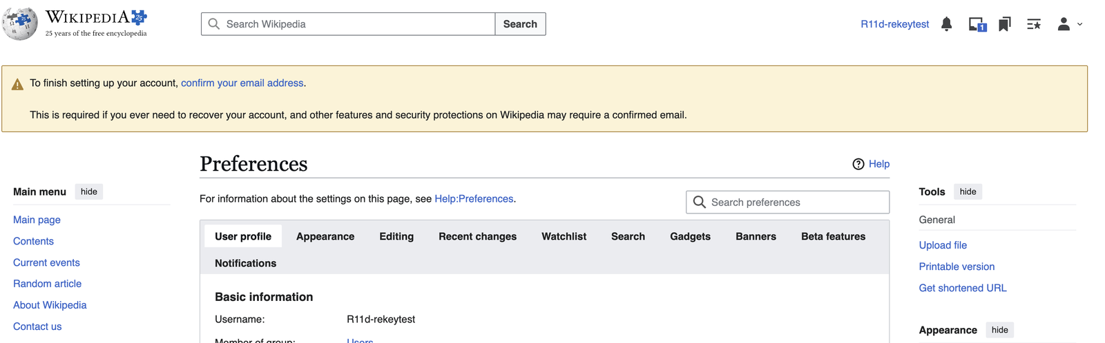Wikipedia's Preferences page right after the password change, signed in as the test account, with no Bitwarden prompt anywhere on the page.