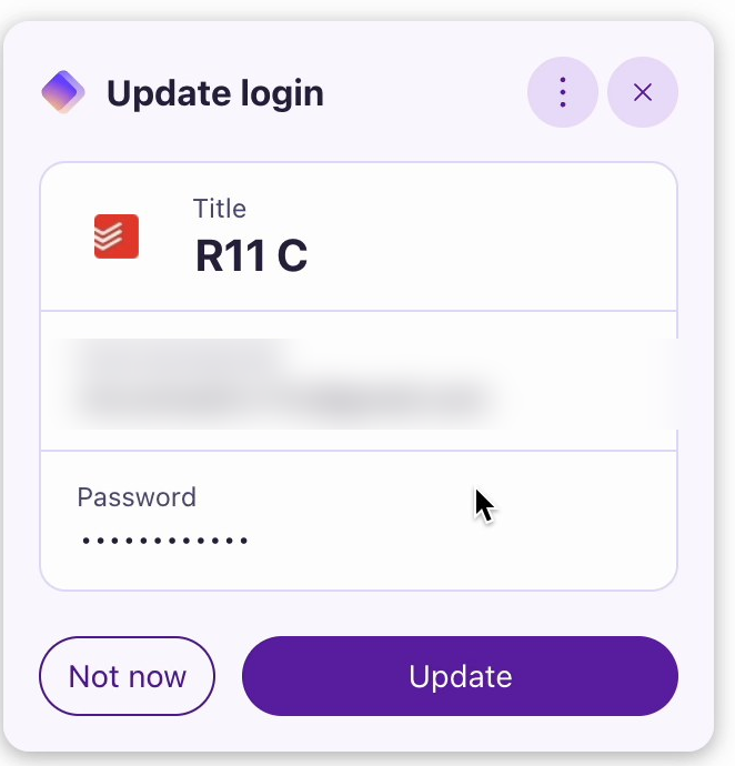 Proton Pass Update login panel for the Todoist test login, with Not now and Update buttons. The email address is blurred.
