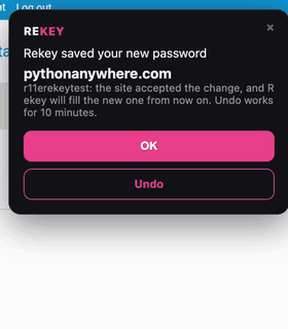 Rekey card on PythonAnywhere: Rekey saved your new password, with OK and Undo.