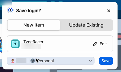 1Password 'Save login?' card with two tabs, New Item and Update Existing. New Item is selected.