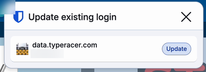 Bitwarden 'Update existing login' card for data.typeracer.com with an Update button.