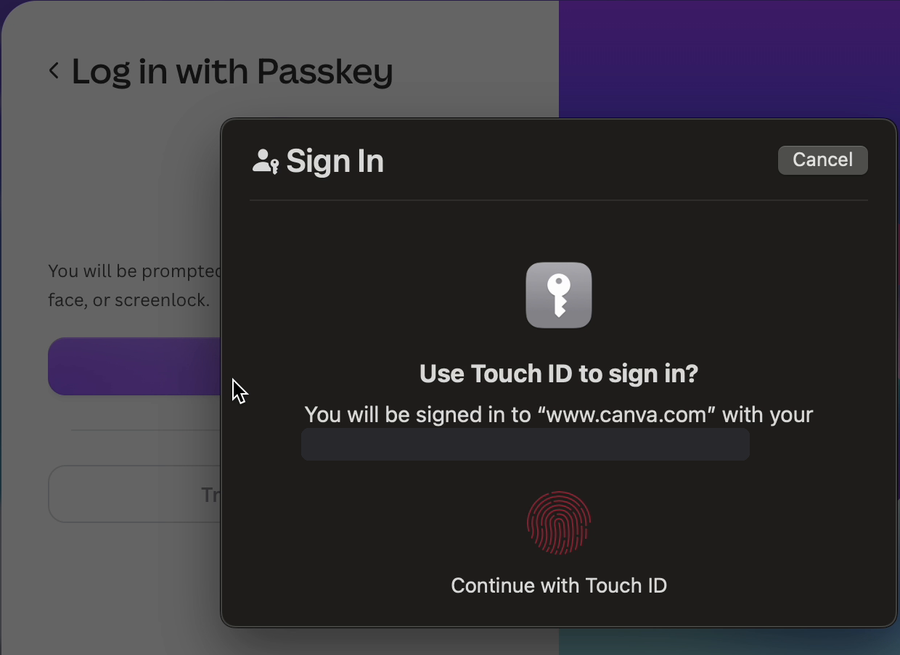 Canva's Log in with Passkey screen with the Mac's Use Touch ID to sign in prompt on top