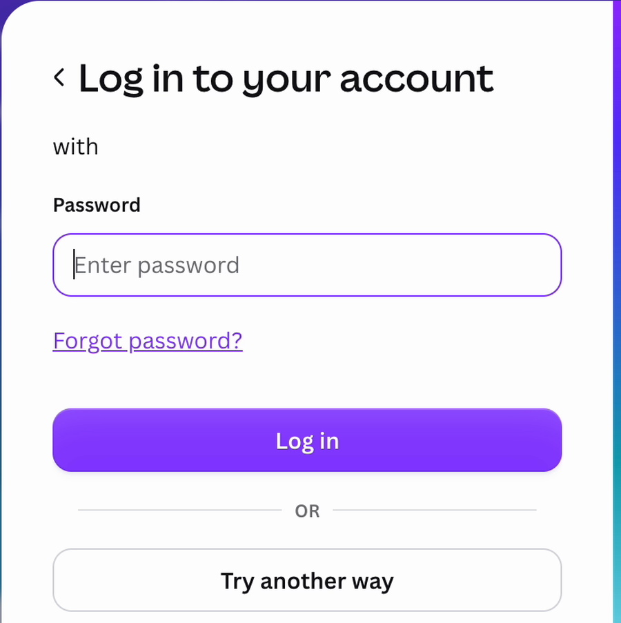 Canva's Log in to your account screen with an empty password box
