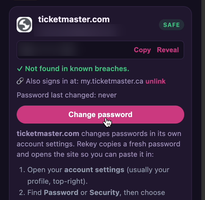 Rekey's Ticketmaster card with a Change password button and the note that ticketmaster.com changes passwords in its own account settings
