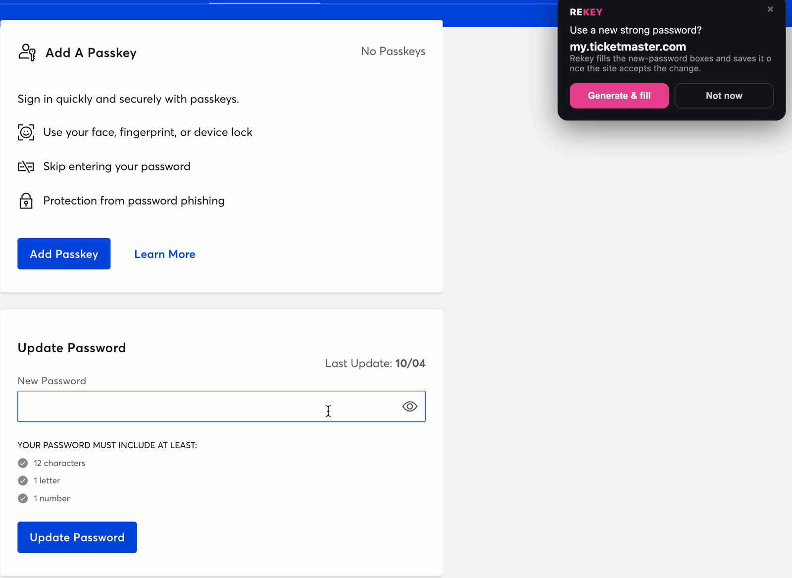 Ticketmaster's Update Password form with a single New Password box, and Rekey's card offering Use a new strong password, Generate and fill