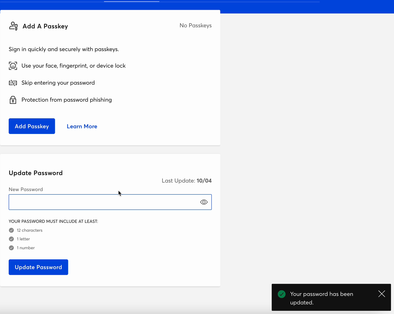 Ticketmaster's Sign In and Security page showing the message Your password has been updated