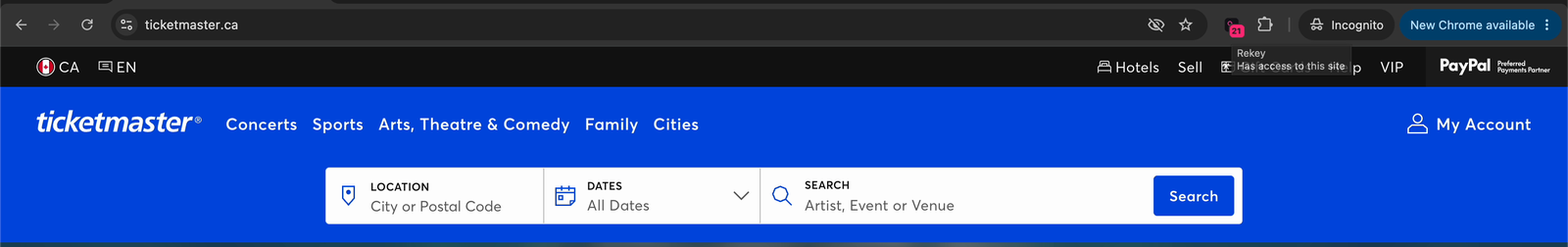 A private Chrome window on ticketmaster.ca signed in, with My Account in the header